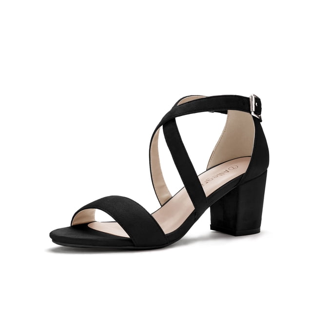 BLISSFUL STEP Women's Open Toe Cross Strap Mid Block Heel Sandals in black, size 5. These sandals feature a faux suede vamp, a 2 1/2-inch block heel, and a rubber outsole for stability. The design includes crisscross straps at the ankle with an adjustable buckle closure for a secure fit. The padded insole ensures comfort, while the open toe style adds elegance. Suitable for casual outings, office wear, or evening events.