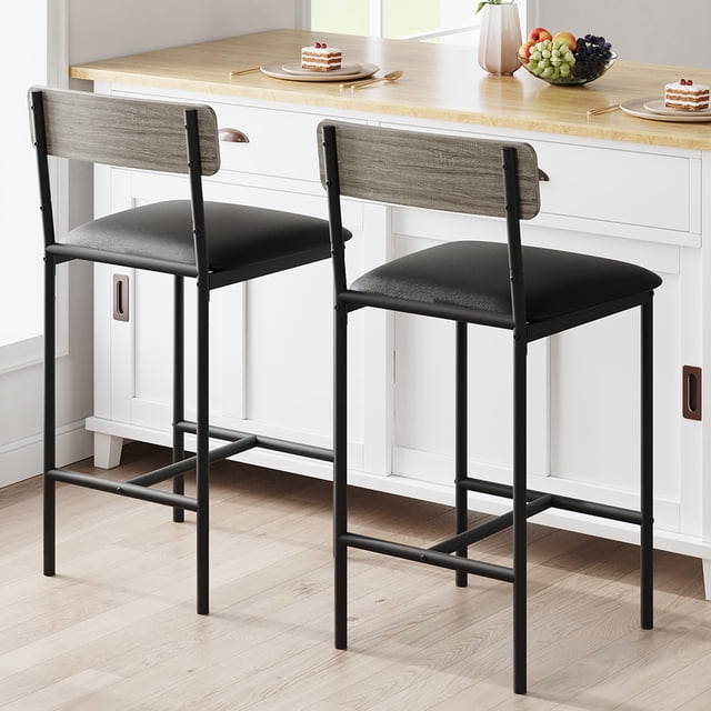 Ourlova Bar Stools Set of 2 - Kitchen Bar Stools with Footrest - PU Upholstered Counter Height Barstools - Bar Chairs with Back for Kitchen Island/Apartment/Counter Bar - Easy Assembly - Gray