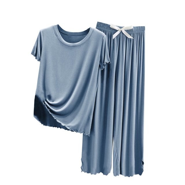 Yuyuzo Ensemble de Pyjama pour Femmes, Manches Courtes à Volants, Col Rond, Vêtements de Nuit, Pantalon Taille Haute