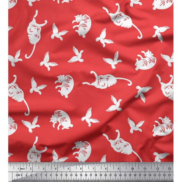 Soimoi Rayon Fabric Bird & Cat Animal Fabric Prints by Yard 56 Inch Wide