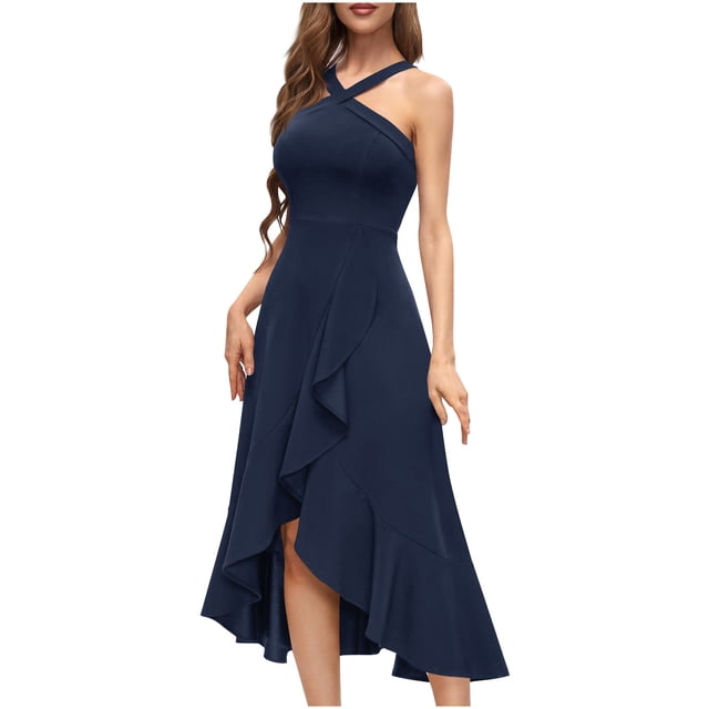 Robes de Cocktail Formelles pour Femmes Été Ourlet à Volants Invitée de Mariage Robes de Soirée Col Croisé Licou Asymétrique Robe de Fête Bleu Marine, TG