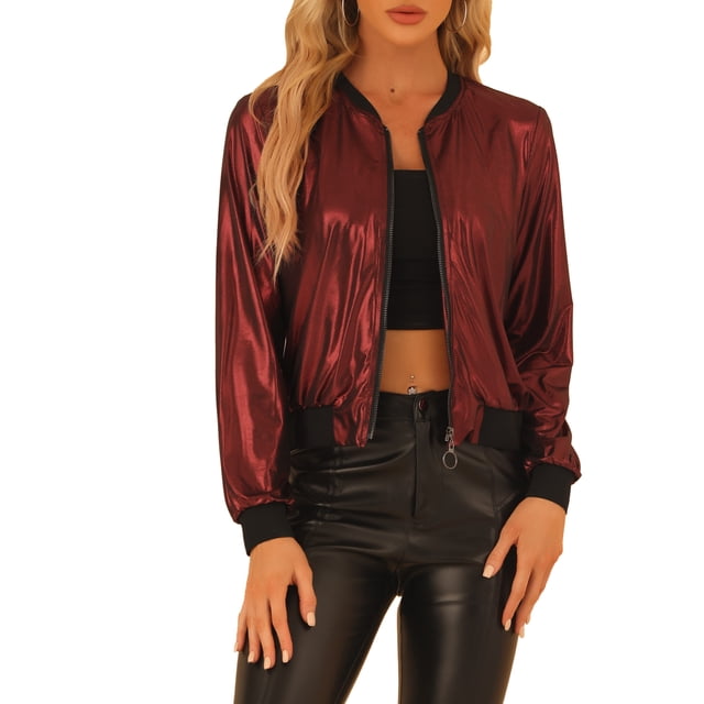 INSPIRE CHIC Blouson Bomber à Fermeture à Glissière Léger Métallique à Col Montant Holographique pour Femme Rouge TG