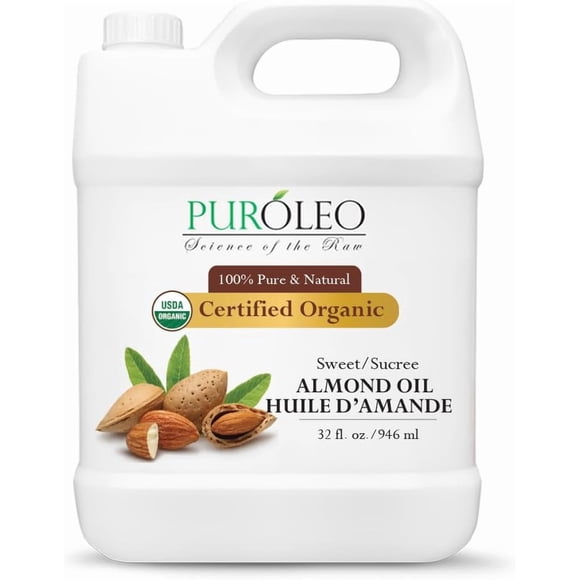 PUROLEO Organic Certified USDA Sweet Almond Oil 32 Fl Oz/946 ML (Packed in Canada) – Pure Almond Oil for Skin, Hair & Body – Carrier Oil for Women, Babies, Massage & DIY Beauty | Huile Amande Douce