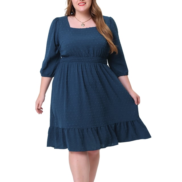 GRACE & GRANDEUR Robe Midi à Pois Suisses pour Femme Grande Taille, Taille Smockée, Manches 3/4, 4X Bleu