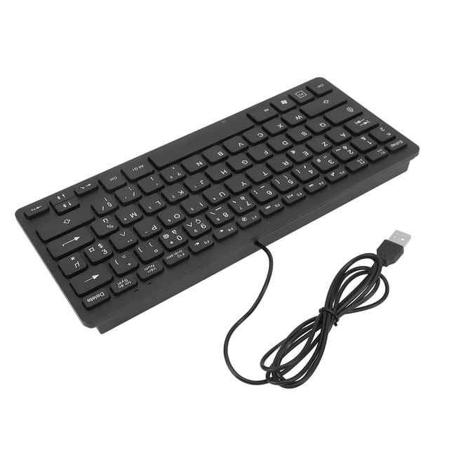English Bilingual Language Keyboard with 78 keys, featuring a compact black ABS design and USB wired connection. The keyboard is suitable for English bilingual users and supports German, French, and Spanish language options. It includes a 130cm USB cable for plug-and-play functionality, compatible with common operating systems. The keyboard is designed for both left- and right-handed users, offering maximum productivity for office or home use.