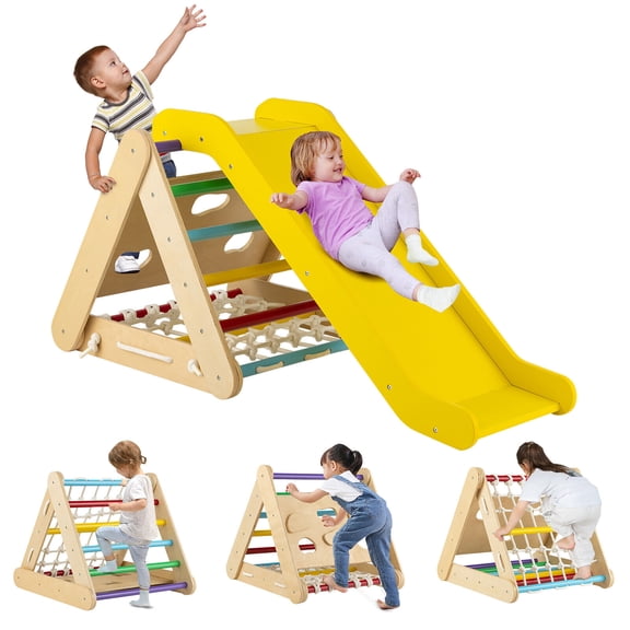 Gymax Ensemble de Triangle d'Escalade en Bois 4 en 1 Grimpeur Triangle avec Rampe Breveté Multicolore