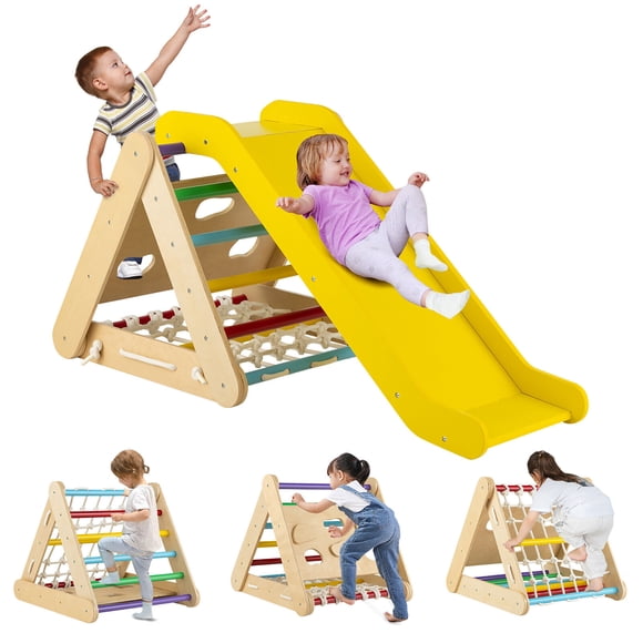 Gymax Ensemble de Triangle d'Escalade en Bois 4 en 1 Grimpeur Triangle avec Rampe Breveté Multicolore