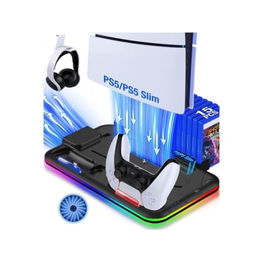 Support Station de Refroidissement pour PS5 / PS5 Slim avec Chargeur de Manette pour Console Playstation 5/Slim, Accessoires PS5 Support Vertical avec Ventilateur de Refroidissement, Lumière RGB, Support pour Casque, 14 Emplacements de Jeu