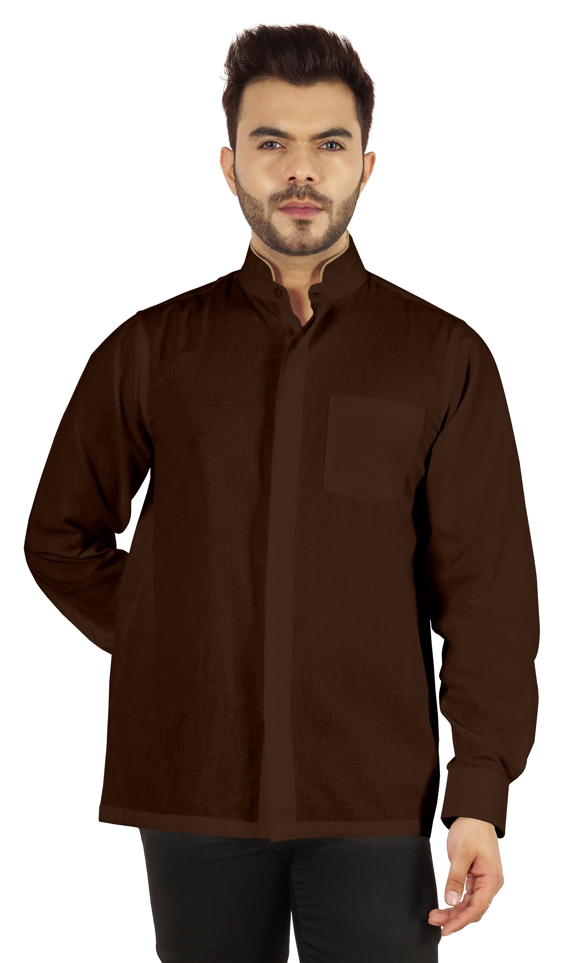 Bestman Solid Long Sleeve Shirt For Mens Front Double Button Placket Chinese Collar Shirt
