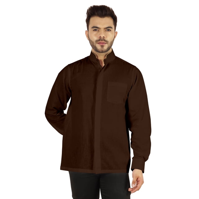 Bestman Solid Long Sleeve Shirt For Mens Front Double Button Placket Chinese Collar Shirt