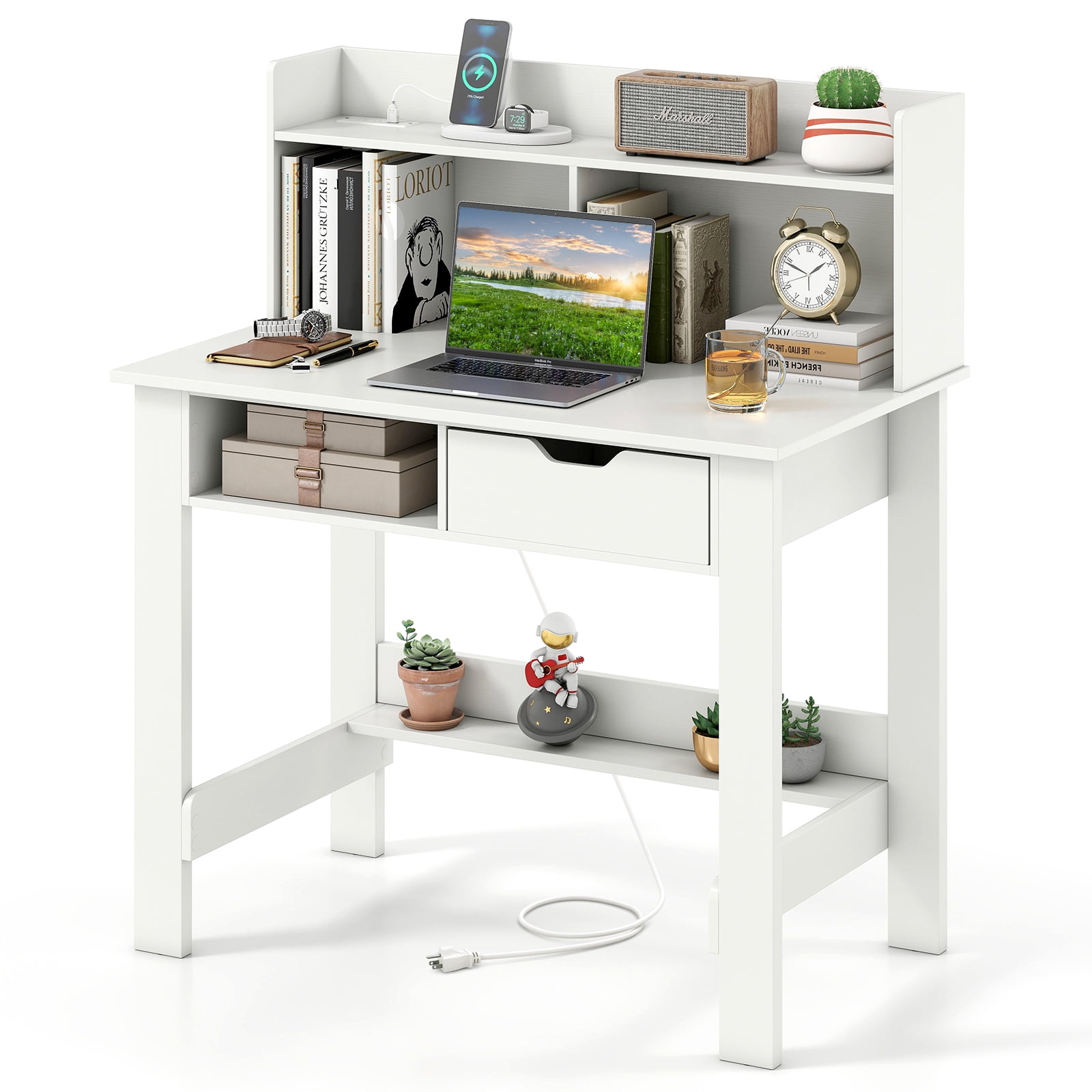 Patiojoy Computer Desk with Drawer & Hutch 37.5�� Home Office Desk with Built-in Power Outlets