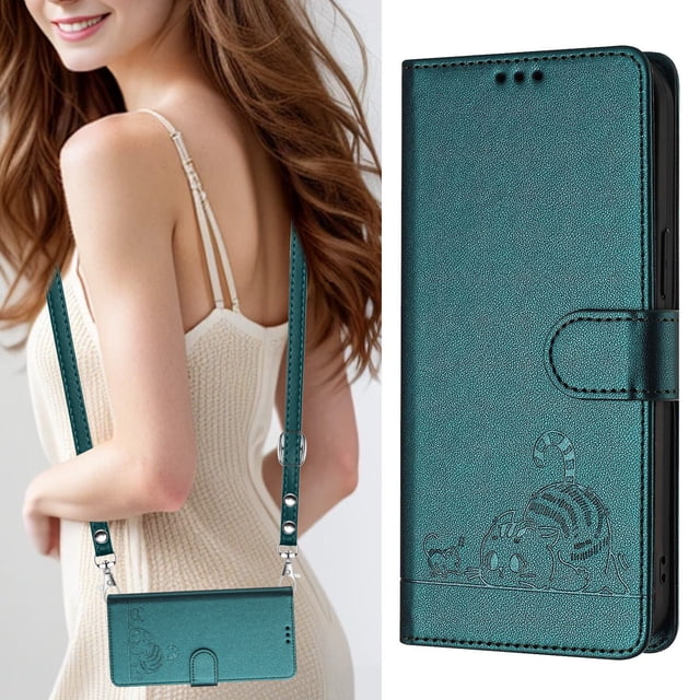 iPhone 14 Case ,Cat PU Leather Crossbody Lanyard Strap RFID Magnetic Wallet Compatible with iPhone 14 Cover