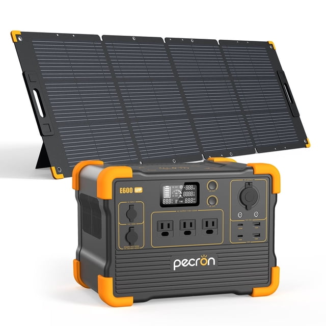 PECRON E600LFP Portable Power Station with 614Wh capacity and 1200W output, shown with a 200W foldable solar panel kit. The power station features multiple outputs, including 3 AC outlets, USB-C, USB-A, and a wireless charging pad. The solar panel is made of monocrystalline silicon and folds compactly for portability. Ideal for outdoor camping, RV travel, and short trips.