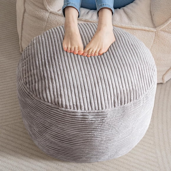 Corduroy Round Pouf Ottoman with Foam Chunk Filling, Furry and Fluffy Pouf Foot Stool, 26 X 18 Floor Poufs Foot Rest for Living Room, Grey