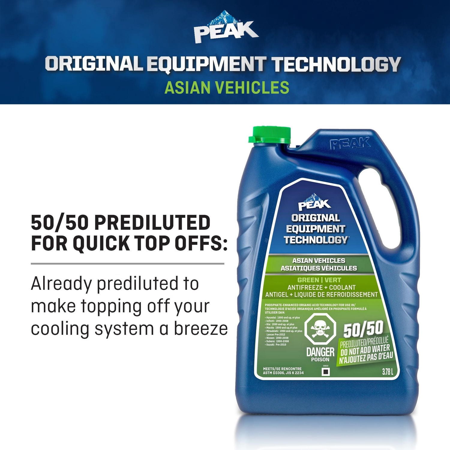 PEAK® OET Extended Life Green 50/50 Pre-Diluted  Antifreeze/Coolant for Asian Vehicles, 3.78 Liters