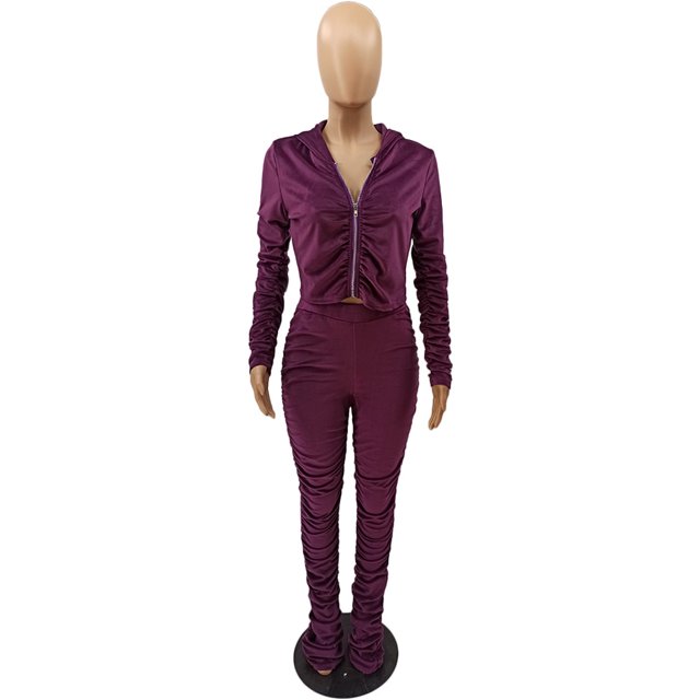 Honganda Slim Pleated Zipper Hooded Top and Pants Two-piece Suit