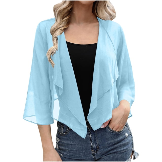 VEKDONE Cardigan à Capuche en Chiffon Décontracté pour Femmes Manches 3/4 Respirant Bleu TG