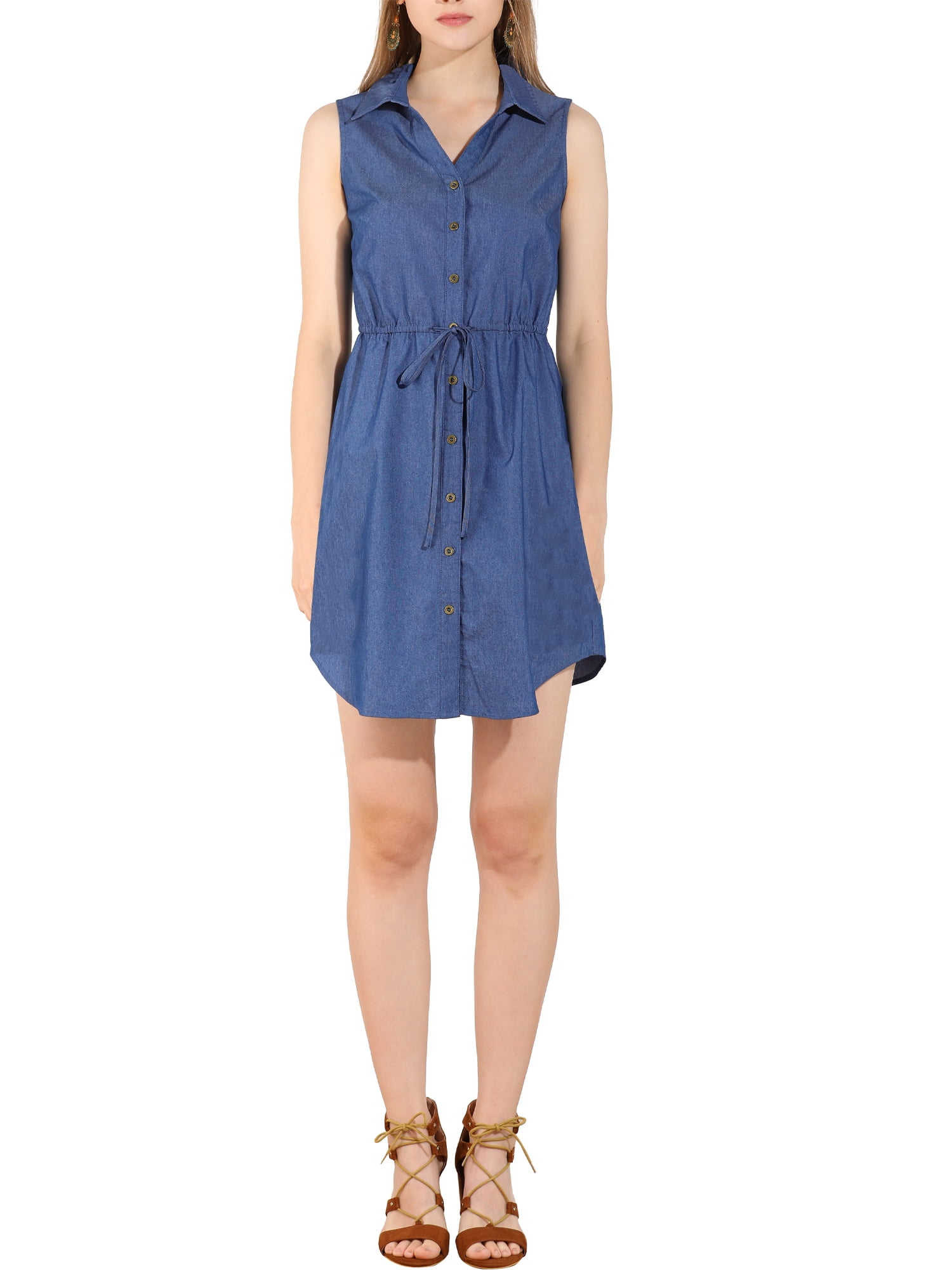 INSPIRE CHIC Robe-Chemise en Denim pour Femmes Sans Manches à Col, Boutonnée, avec Ceinture à la Taille, TP Bleu