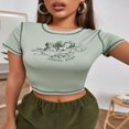 thumbnail image 3 of Women Angel Print T-Shirts Short Sleeve  Neck Contrast Stitch Crop Tops, 3 of 9