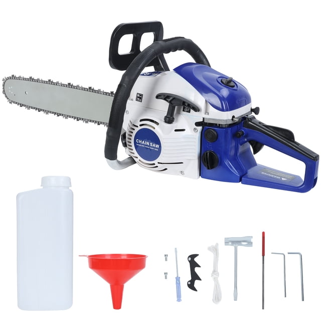 58cc gas chainsaw with a 20-inch bar and anti-vibration design, featuring a blue and black body with ergonomic handles. Includes accessories such as a guide plate, chain, oil can, funnel, tool kit, and user manual. Ideal for outdoor power equipment tasks like wood cutting and tree trimming, suitable for professionals and home use.