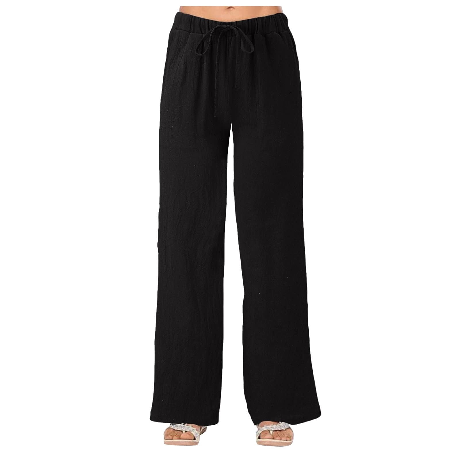 Timegard Cotton Linen Pants for Women Elastic Waisted Drawstring Straight Leg Lightweight Lounge Trousers