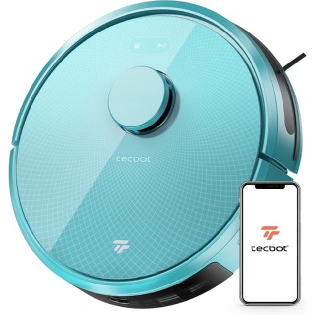 Tecbot S3 Pro Robot Vacuum Cleaner with 360° LDS Laser Navigation centered front view of circular robot with top-mounted laser turret and matte finish; shows Wi‑Fi mobile app control, virtual no-go zones, adjustable suction, anti-fall cliff protection, auto-recharge and Alexa/Google Assistant compatibility on a hardwood floor. Often used as a daily floor maintainer for pet hair in multi-pet homes.
