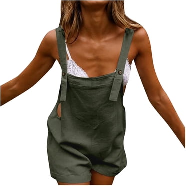 Pompotops Ladies Casual Cotton And Linen Solid Color Collar Pocket Jumpsuit Shorts Pants