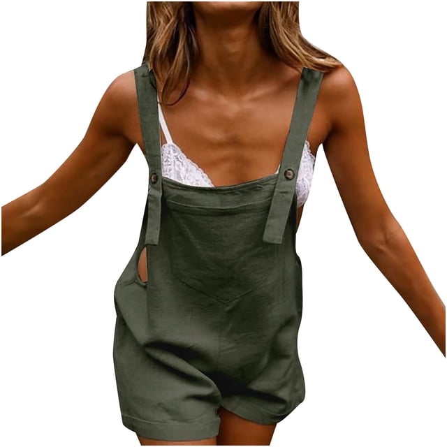 Womens Casual Summer Overalls Adjustable Straps Cotton Linen Shortalls Solid Shorts Jumpsuits Rompers with Pockets