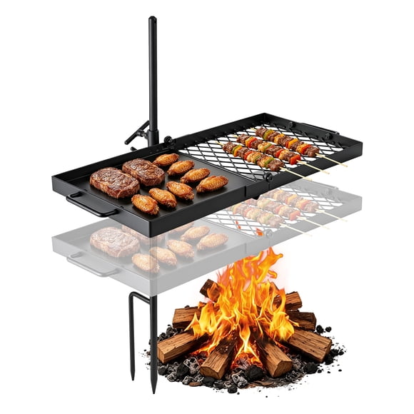 VEVOR Gril de Feu de Camp Pivotant Robuste, Grille et Plaque de Cuisson de Camping Portative de 24 Pouces, Maille de BBQ en Acier Solide, Équipement de Foyer au-Dessus du Foyer à Hauteur Réglable à 360°, Noir