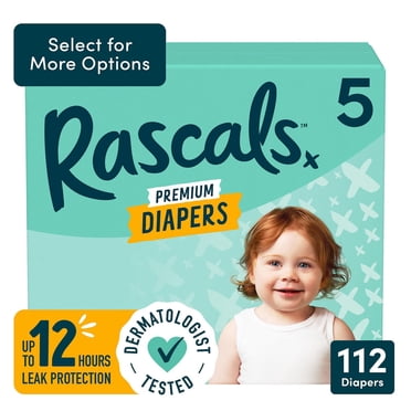 Rascals Premium Absorbent Baby Diapers, Size 5, Carton, 112 Count