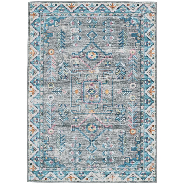 Barron 5' x 7' washable area rug in grey and green featuring a traditional geometric pattern with pink, teal, and orange accents on a grey background, made of stain-resistant 100% polyester with nonslip backing, machine washable and suitable for high traffic areas, family rooms, or rental properties.