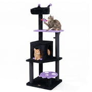 Gymax 57'' Gothic Cat Tree for Indoor Cats w/ Padded Perch 2-Entry Condo Hanging Toy Purple & Black
