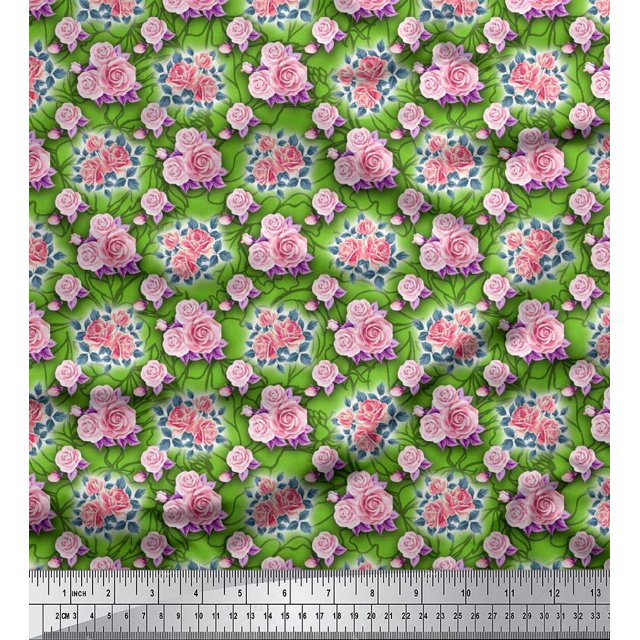 Soimoi Rayon Fabric Leaves & Rose Floral Decor Fabric Printed Yard 42 Inch Wide