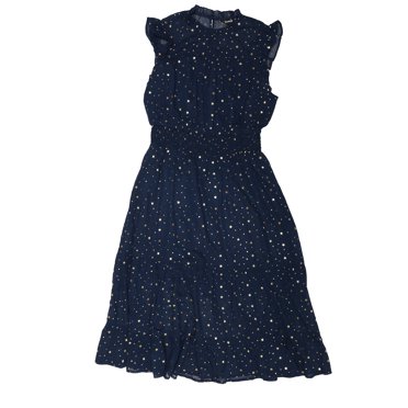INSPIRE CHIC Robe en Mousseline d'Halloween pour Femme Sans Manches Taille Smockée Dorée Métallisée Star Robe de Fête Bleu Foncé S