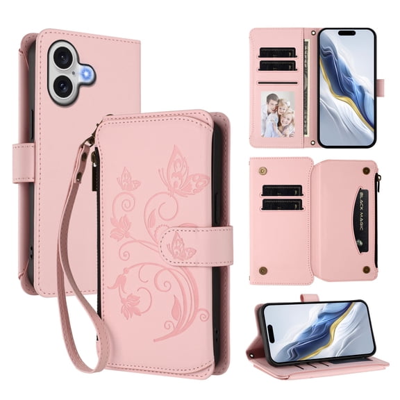 Étui Portefeuille Gaufré Butterfly Compatible avec [iPhone 17], Support, Fermeture Éclair, Rose