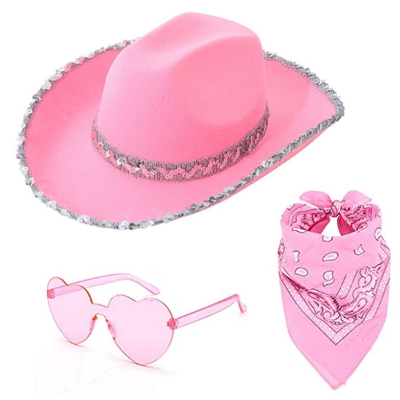 Fgnfyis Double Sequin Wrapped Border Western Cowboy Hat 3 Piece Set Glasses Square Scarf Silk Scarf Cowboy Hats Pink