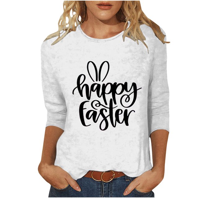 Dvkptbk Chemises pour Femmes Habillées Décontractées 2024 Joyeuses Pâques Hauts Graphiques Mode Décontractée Col Rond Manches Trois-Quarts T-Shirt Haut