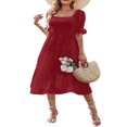 thumbnail image 1 of Women Dress Square Neck Short Puff Sleeve Ruffled Backless Swiss Dot Sundress, 1 of 6