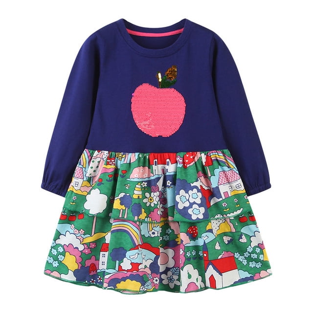 AAMILIFE Little Maven Robe Décontractée pour Bébés Filles Automne Rose Jolies Robes à Motif pour Enfants Mignonne et Confortable Vêtements pour Enfants 2-7 Ans