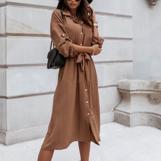 YUTK Robe Vêtements pour Femmes, Robe à Manches Longues avec Col à Revers et Boutons, Khaki G