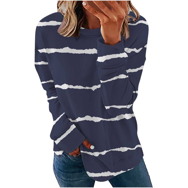 Pisexur Sweat à Capuche Oversize pour Femmes Décontracté Automne Col Rond Rayé Manches Longues T-Shirt Blouse Tunique Légère