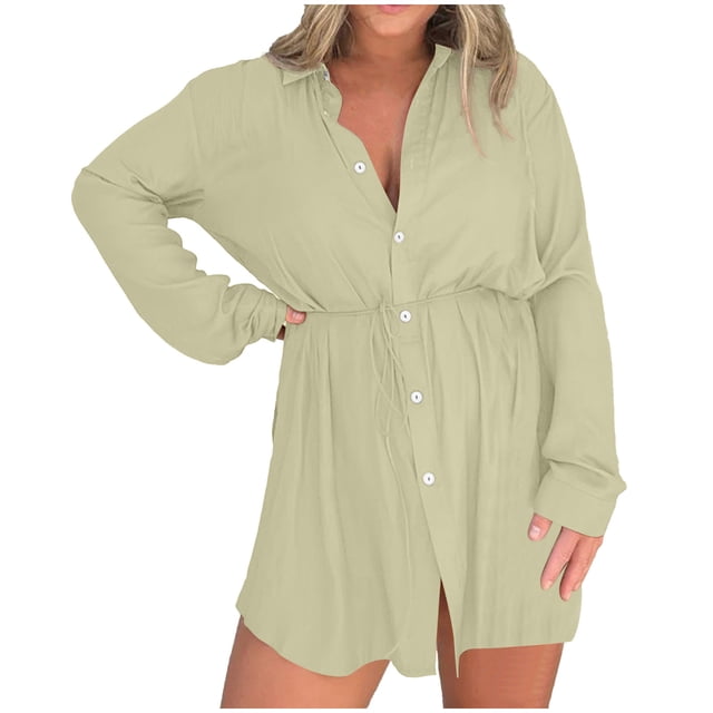 Mrat Combinaison Chemise Grande Taille pour Femmes Col en V Été Décontractée à Boutons Manches Longues Barboteuses Shorts Robe Combinaisons pour Femmes P-89 Vert Armée 5TG