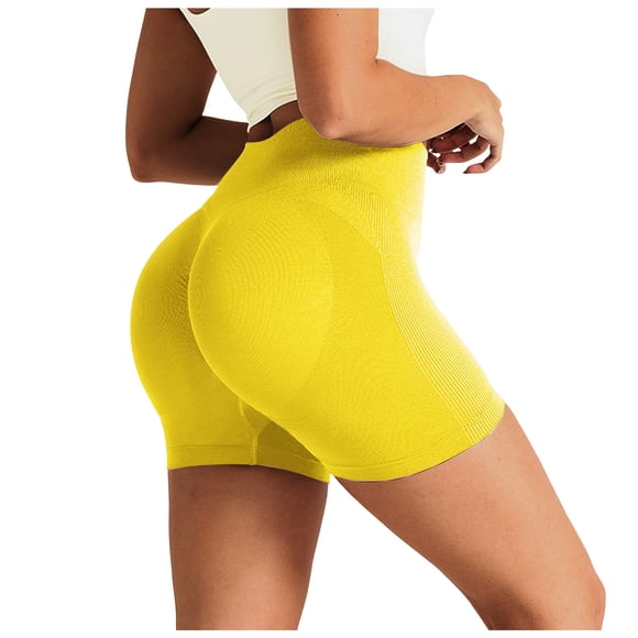 Yammkia Plus Size Shorts Women's Workout Gym Shorts High Waisted Butt Lifting Scrunch Butt Seamless Booty Shorts Yellow,L