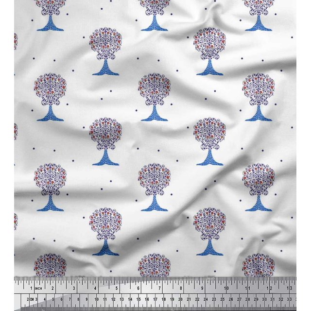 Soimoi Cotton Voile Fabric Dot & Tree Block Printed Fabric 1 Yard 42 Inch Wide