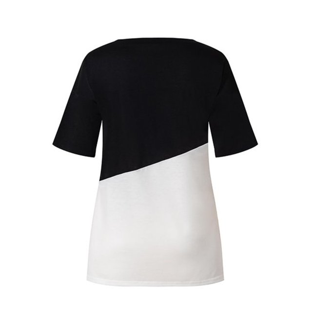 T-shirt Femme à Manches Courtes Color Block, Col Rond, Noir, TG