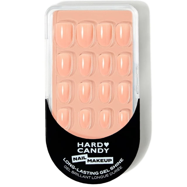 Hard Candy Nail Makeup press-on nails set containing 24 reusable gel nails in a glossy peach colour, displayed in clear plastic packaging with black base showing brand name and long-lasting gel shine, suitable for quick, salon-quality manicures.