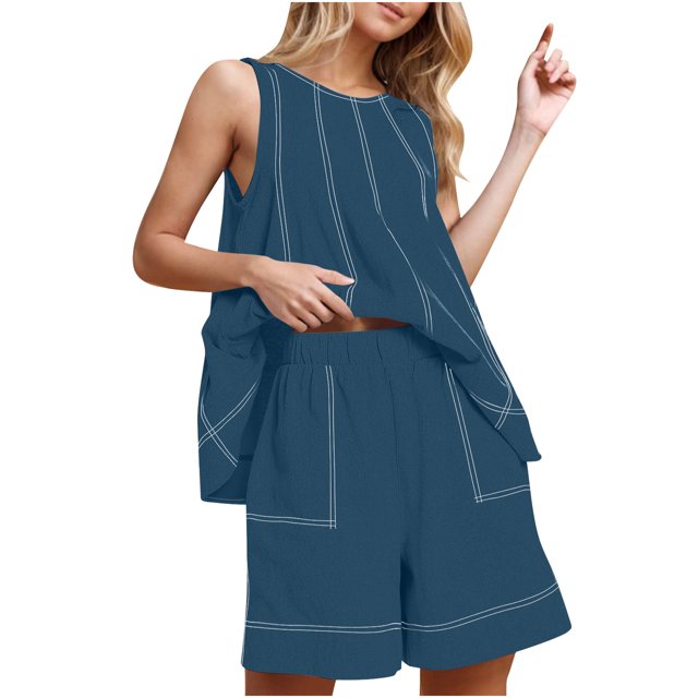 Womens Two Piece Lounge Set Summer Vacation Outfits Patchwork Sleeveless Tank Top and Shorts Sets with Pockets