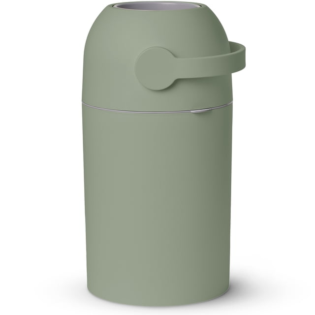 Pure Magic Diaper Pail in a lichen green finish, featuring a patented Odor-Stop system for superior odor control. Made of durable polypropylene, it holds up to 25 diapers and is compatible with any regular garbage bag. Designed with a one-hand free lever for easy diaper disposal, it is ideal for maintaining a fresh and hygienic nursery.