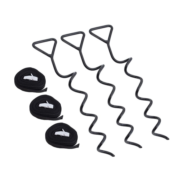 TP Infinity Octagonal Trampoline Anchor Kit includes three black metal corkscrew anchors with triangular handles and three 2.5cm wide black webbing straps with ratchet buckles, designed to secure trampolines in windy weather.