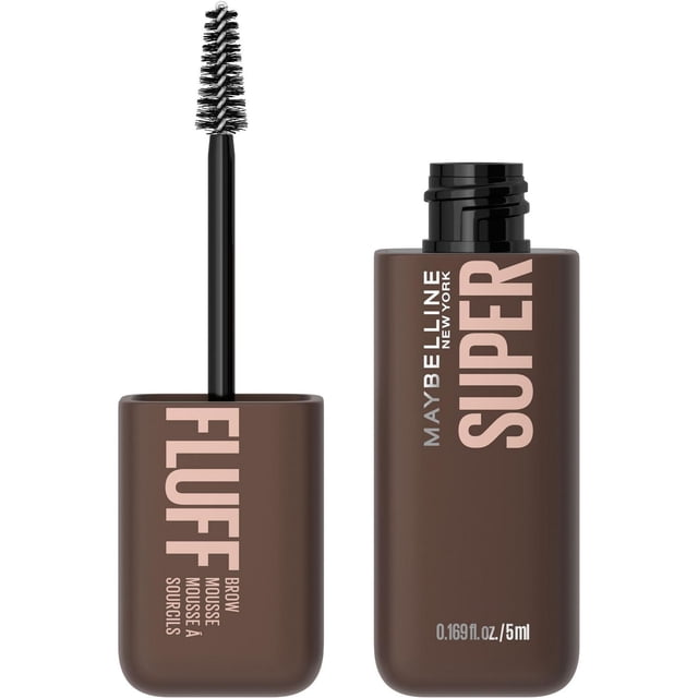Maybelline Superfluff Brow Mascara in a brown rectangular bottle with the cap removed, showing a black fluff brush applicator with dense bristles, an eyebrow mousse that volumizes and softens brows with up to 16-hour wear and flake resistance.